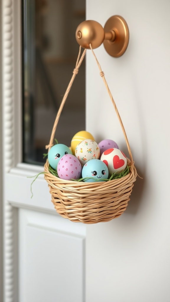 A colorful Easter egg basket hanger with decorated eggs and green filler, hanging from a golden knob on a white door