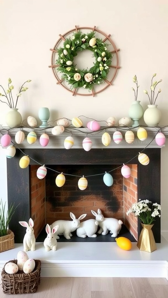 Colorful Easter egg garland hanging above a fireplace with decorative bunnies and a wreath.