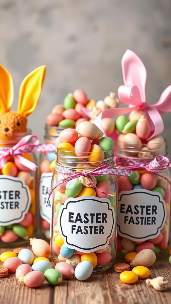 Colorful jars filled with Easter candies, decorated with ribbons and bunny ears.