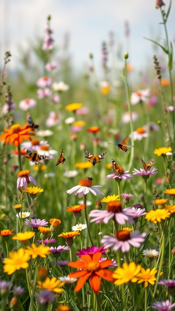 A vibrant mix of wildflowers with butterflies and bees in a sunny field.