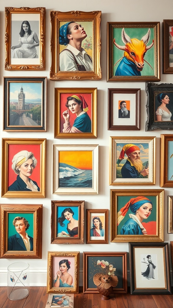 A vibrant gallery wall featuring an eclectic mix of frames and artworks.