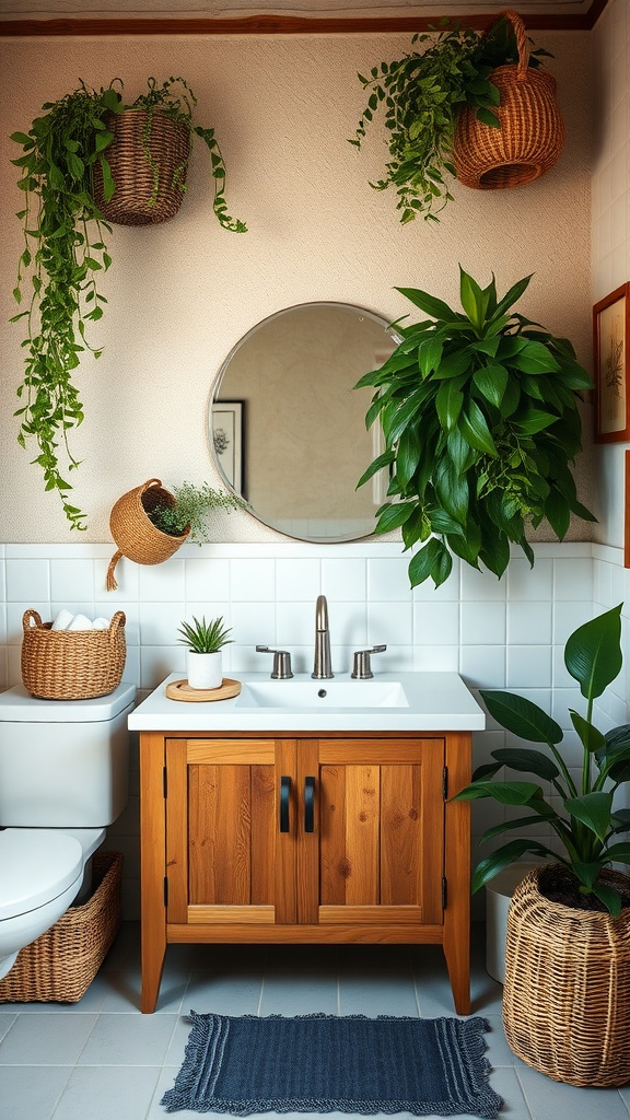 A bathroom featuring a wooden vanity, plants in hanging baskets, and woven storage solutions.