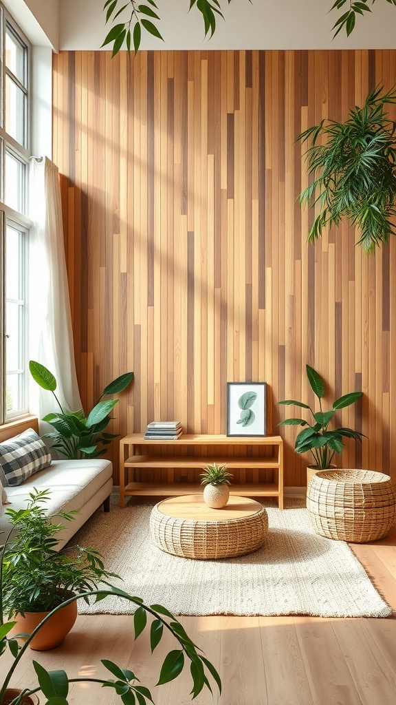 A stylish living room featuring eco-friendly bamboo wall panels.