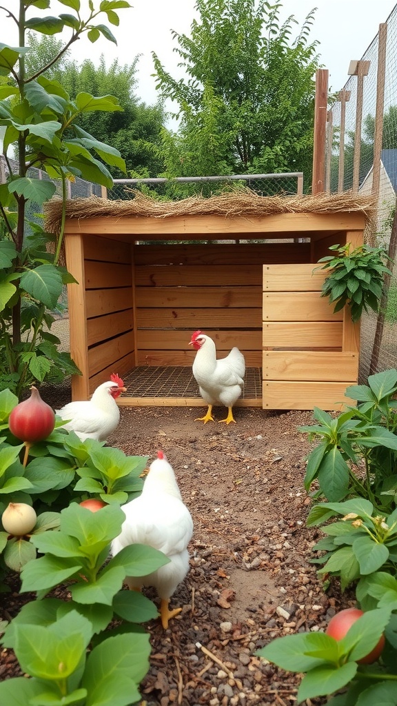 A wooden chicken coop surrounded by greenery with chickens walking nearby.