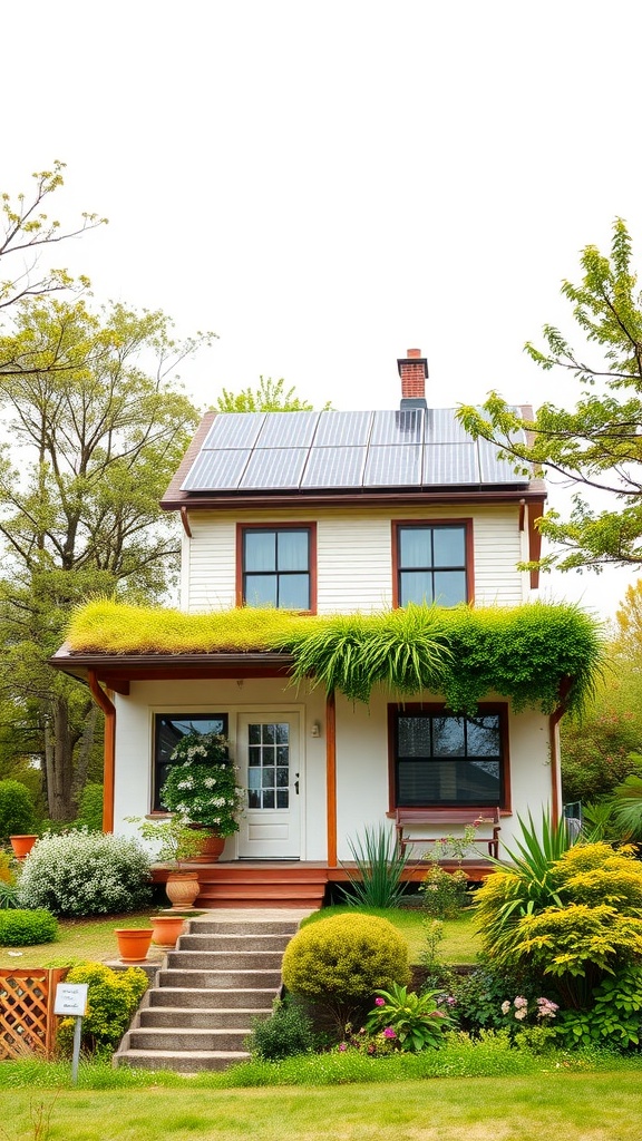 Eco-friendly two-story house with solar panels and green rooftop garden.