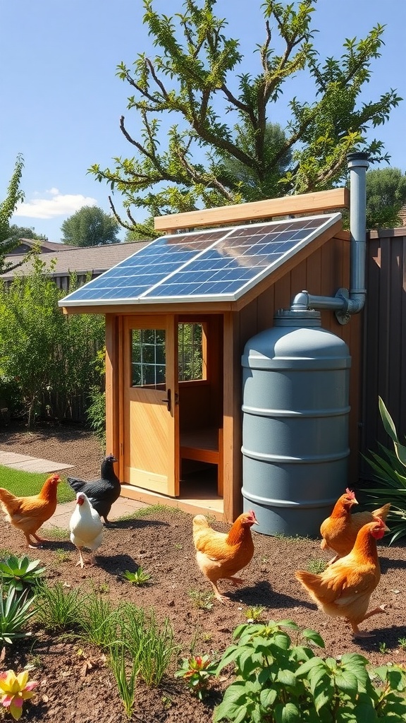 Eco-friendly chicken coop with solar panels and chickens in the yard.