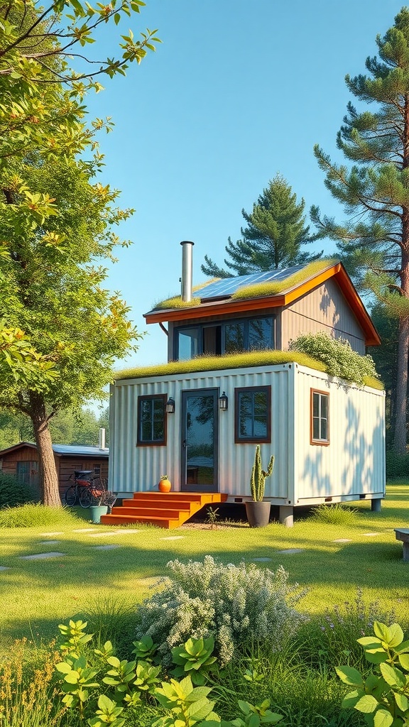 A small eco-friendly container house with solar panels surrounded by greenery.