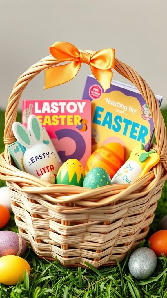 A wicker Easter basket filled with colorful eggs and children's books, set on green grass.