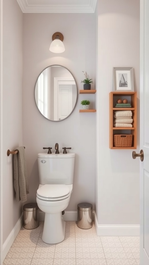 A modern bathroom featuring a corner sink layout with a round mirror and wooden shelves.