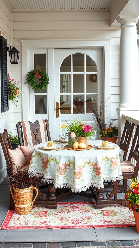 Easter porch decor with a round table set with a floral tablecloth, decorative eggs, and colorful flowers.