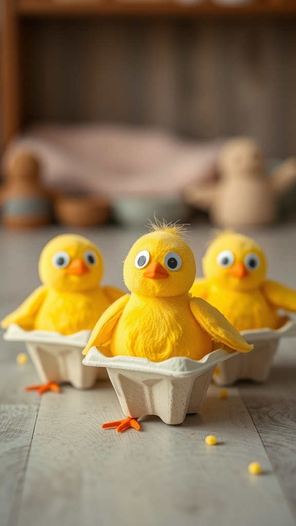 Three yellow chicks made from egg cartons, sitting in their carton cups with playful expressions.