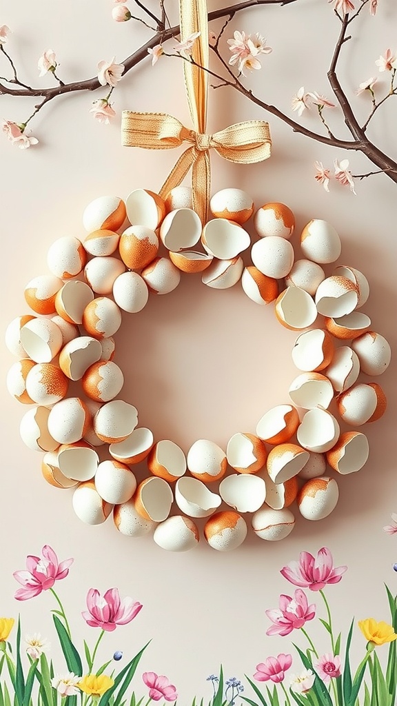 A wreath made of colorful eggshells, hanging with a ribbon