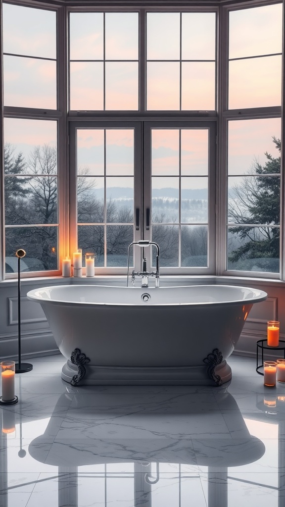 Elegant freestanding bathtub in a spacious bathroom with large windows and candles.