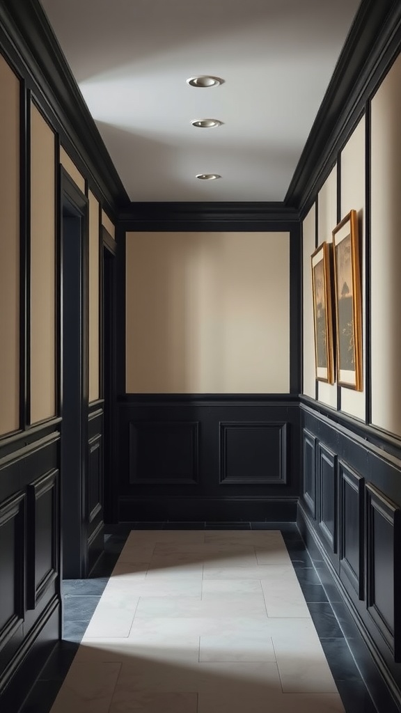 A hallway featuring elegant black and cream two-toned walls with a chair rail.