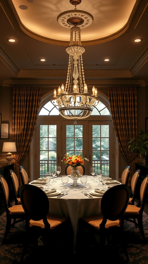 A stunning chandelier hanging over an elegantly set dining table in a sophisticated dining room.