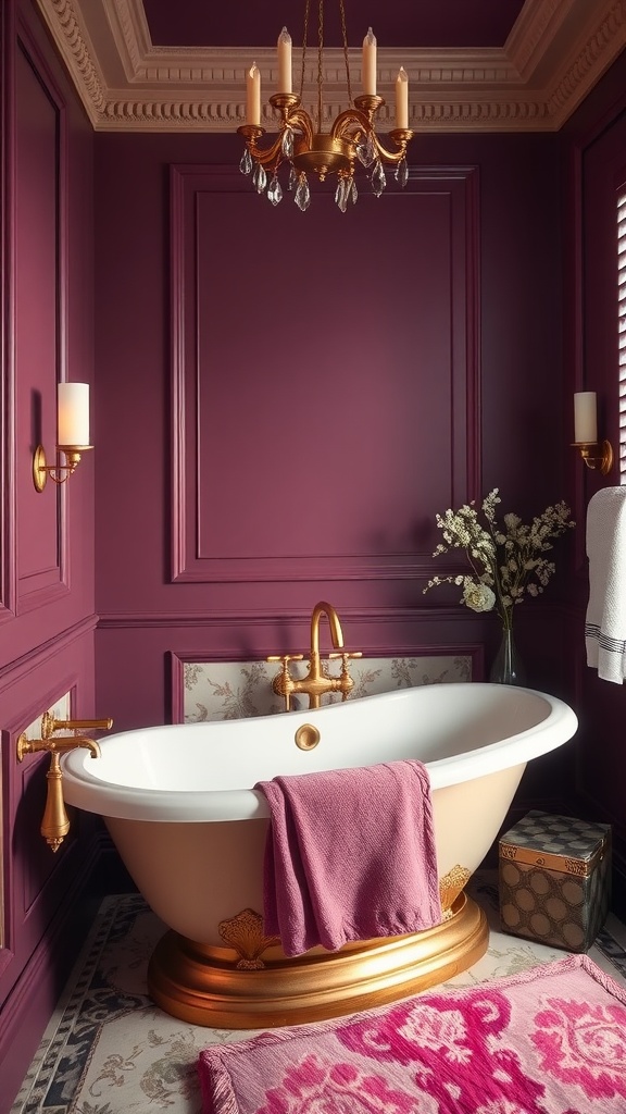 A luxurious bathroom featuring deep plum walls, a white bathtub with golden accents, and elegant decor.