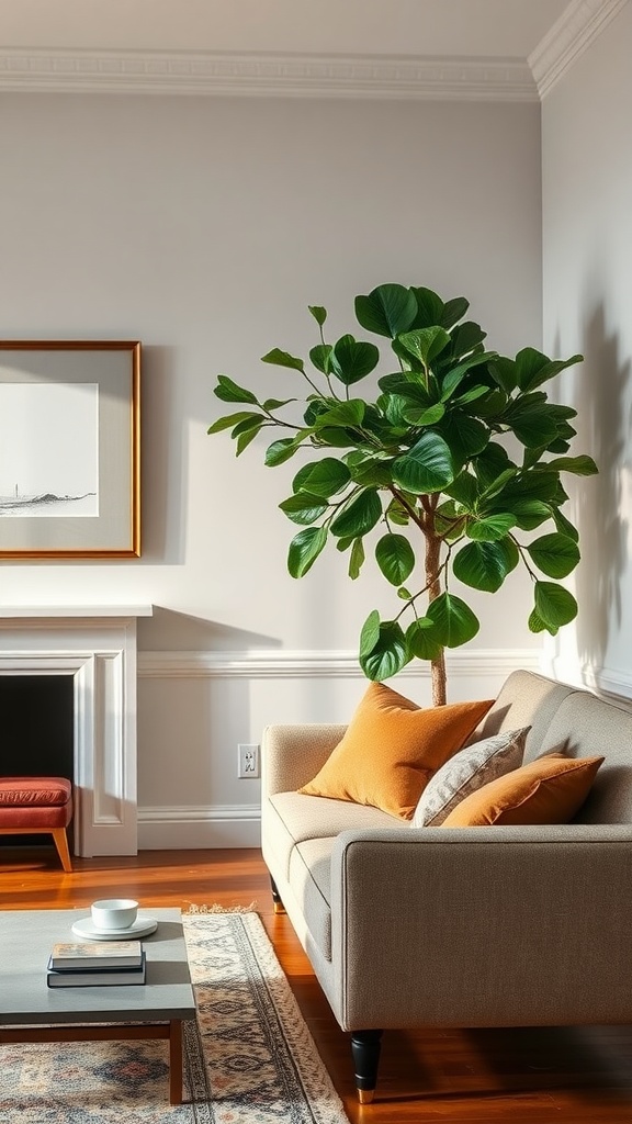 A Fiddle Leaf Fig plant next to a sofa in a bright living room.