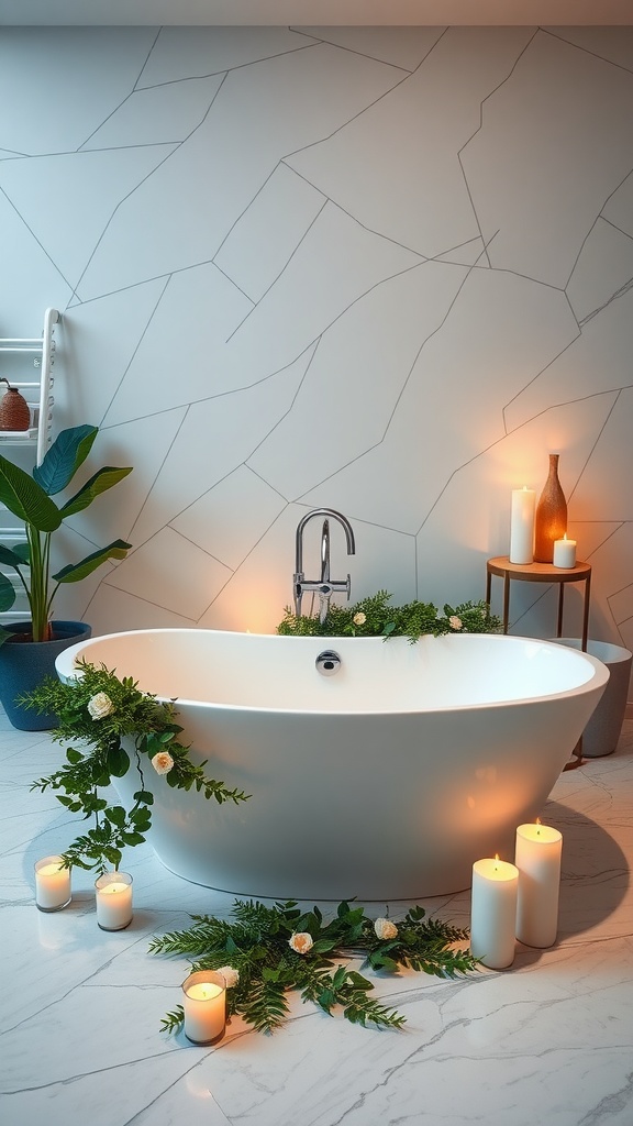 A modern white freestanding bathtub surrounded by candles and greenery in a stylish bathroom.