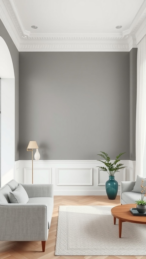 A modern living room featuring gray walls with a white chair rail, elegant furniture, and a cozy atmosphere.