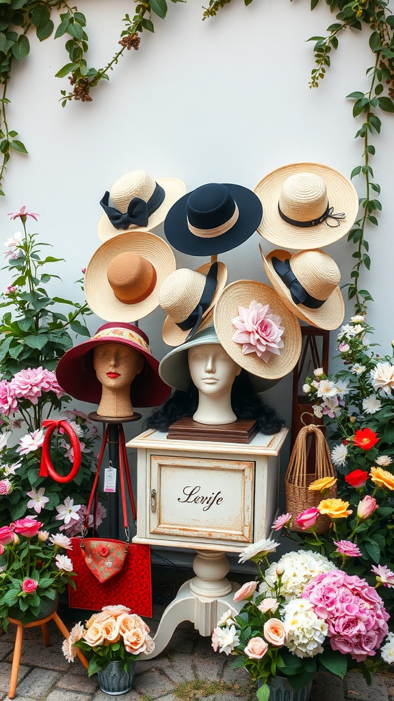 A display of hats and accessories in a garden setting with flowers.