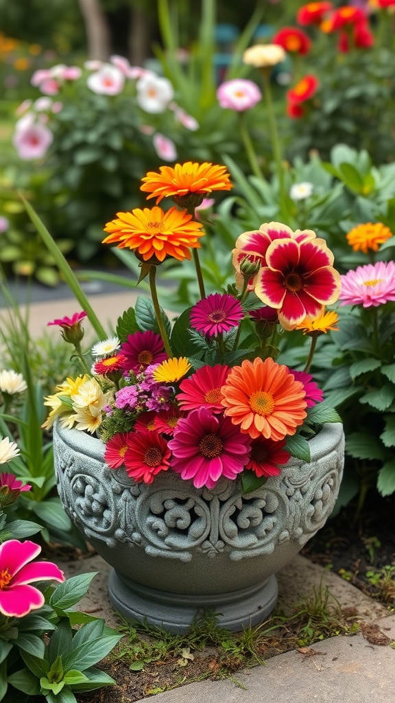 Hypertufa planter filled with vibrant flowers in a garden setting.