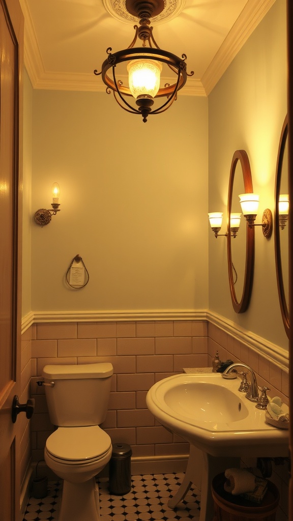 Vintage bathroom with elegant lighting fixtures including a chandelier and wall sconces.