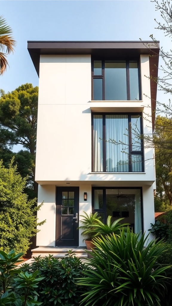 A modern two-story house with large windows and greenery in front.