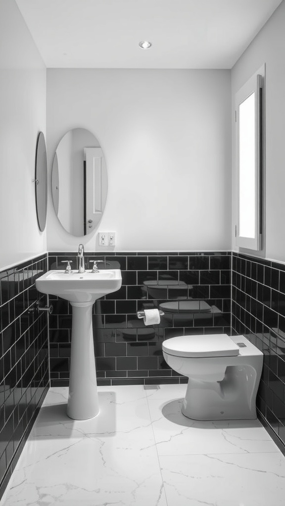 A monochrome bathroom featuring black tiled walls, a white pedestal sink, and modern fixtures.