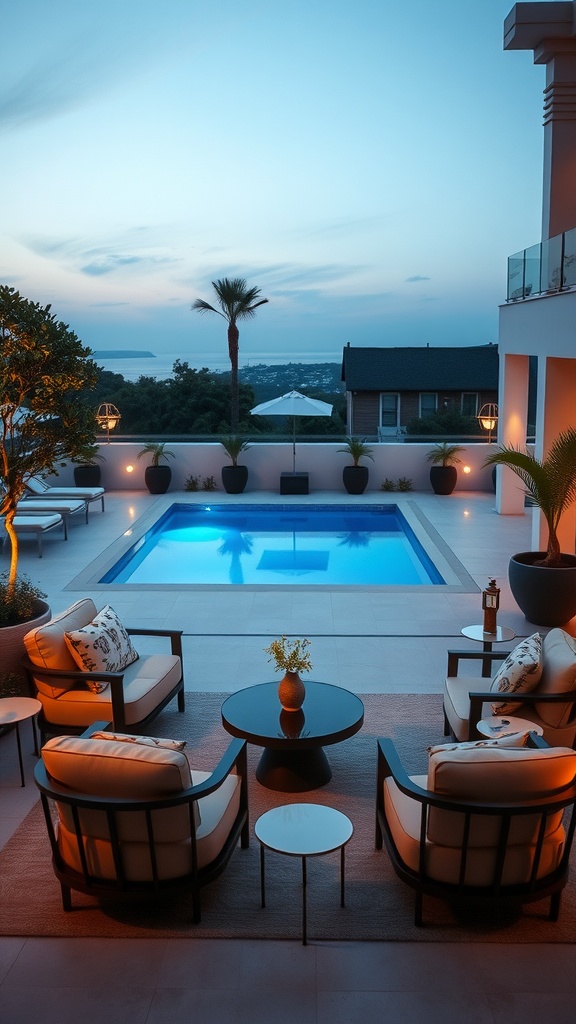 An elegant outdoor lounge area with comfortable seating overlooking a pool at dusk.