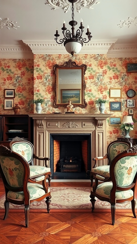 Elegant Victorian parlor with antique chairs, floral wallpaper, and a decorative fireplace.