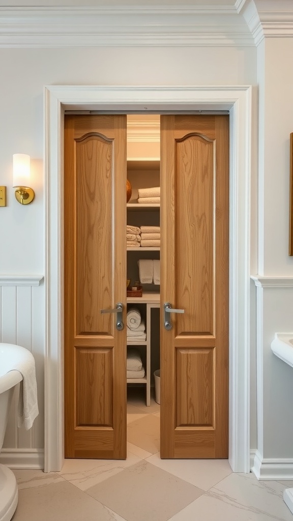 Elegant sliding door linen closet in a bathroom