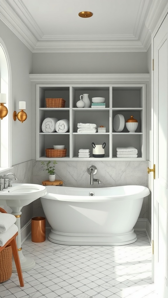 Elegant bathroom with open shelving, decorative items, and organized storage solutions.