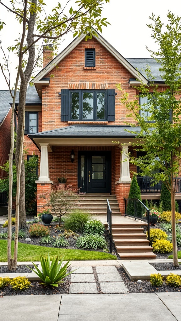 A beautiful brick craftsman home with elegant landscaping and a welcoming porch.