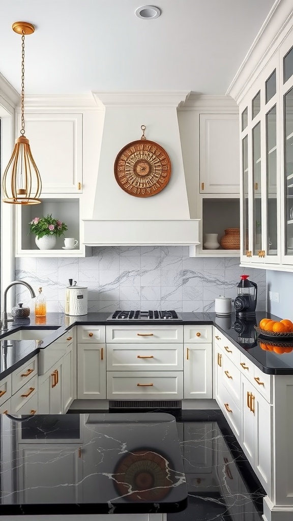 A modern kitchen featuring elegant white cabinets and a sleek black countertop with gold accents.