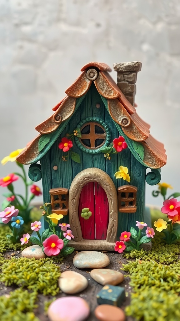 A beautifully painted fairy house surrounded by colorful flowers and stones.