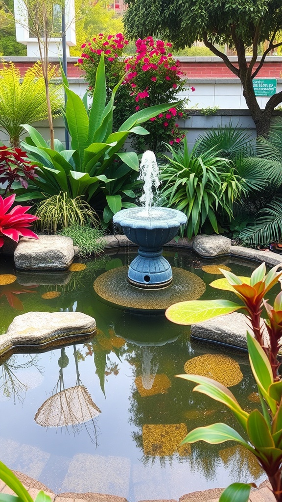 A serene garden water feature with a fountain surrounded by lush plants.