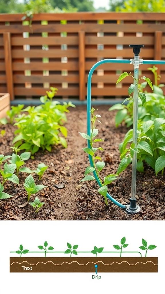 A drip irrigation system set up in a garden with young plants growing.