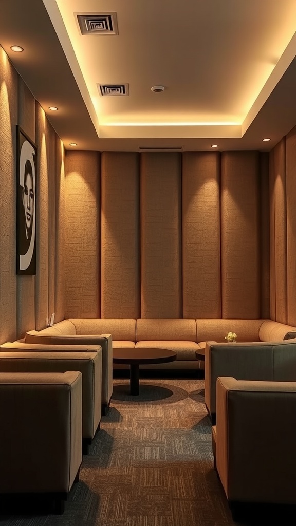 Room with fabric-wrapped wall panels and cozy seating arrangement.