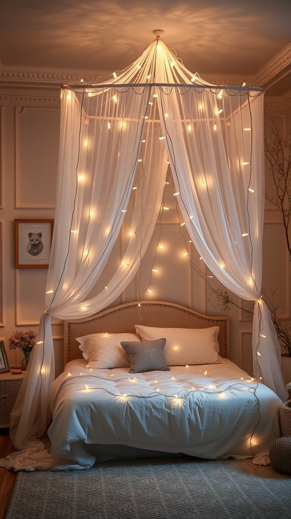 A cozy bedroom with a bed canopy draped in fairy lights.