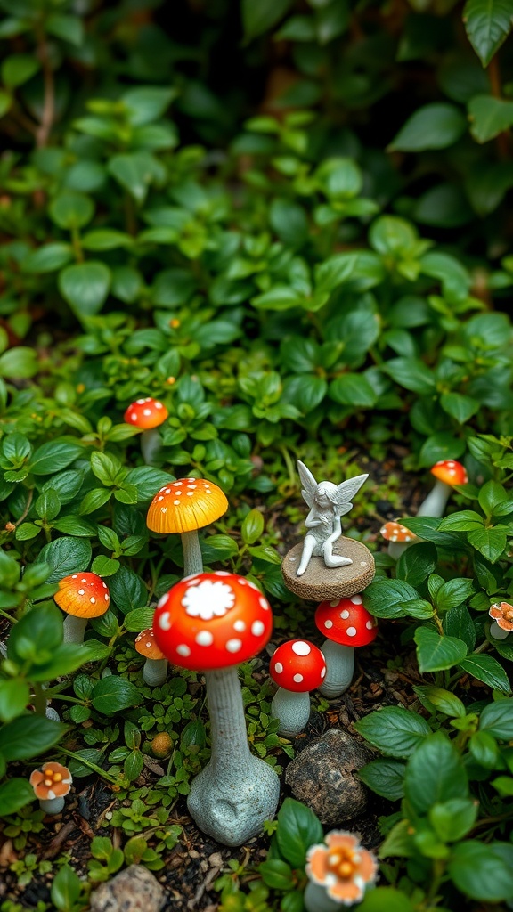 A mini garden featuring colorful mushroom decorations and a fairy figure surrounded by green foliage.