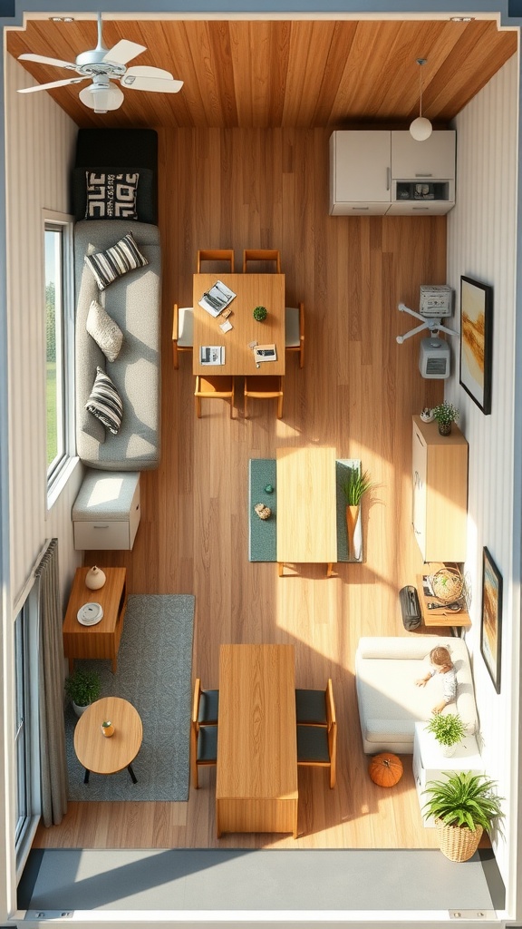 A top-down view of a family-friendly container house layout with a living area, dining space, and kitchen.