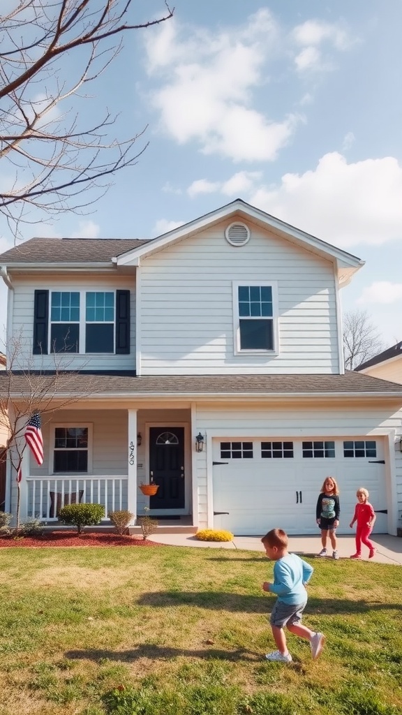 A two-story house with children playing in front of it, showcasing a family-friendly layout.