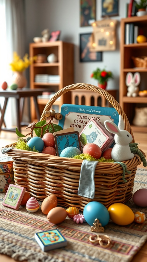 A cozy Easter basket filled with colorful eggs, games, and a cute bunny figurine.