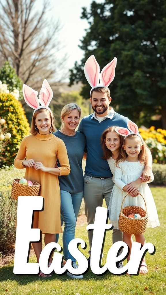 Family posing for a photo during Easter, wearing bunny ears and holding colorful egg baskets.