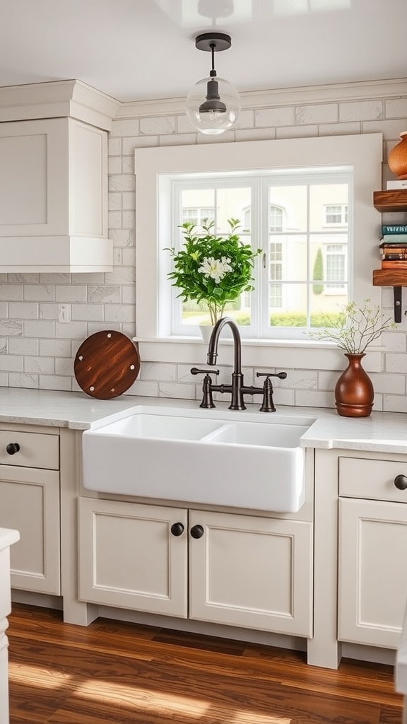 A cozy Craftsman kitchen featuring a farmhouse sink, light cabinetry, and natural accents.