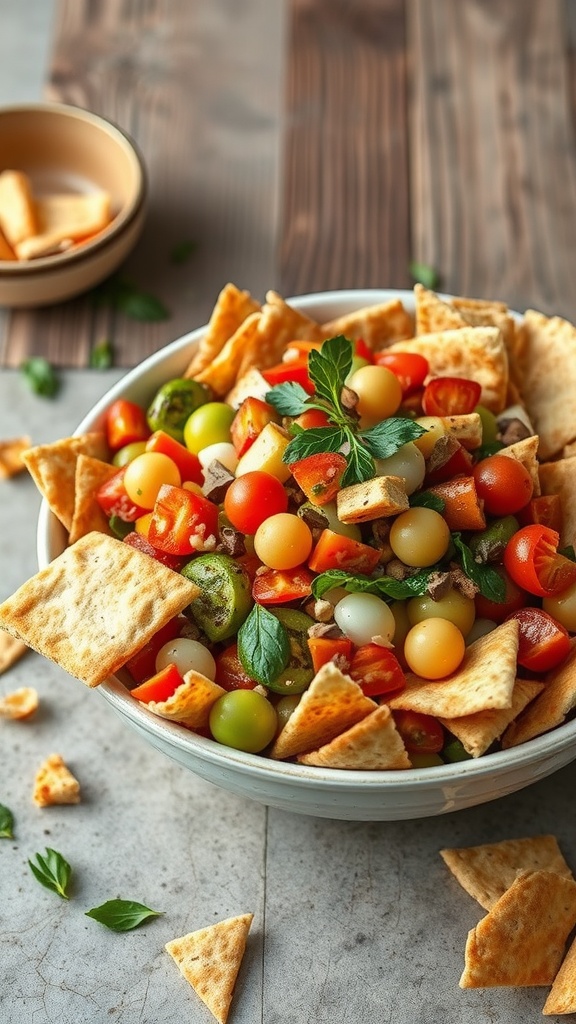 A bowl of Fattoush salad with colorful tomatoes, herbs, and pita chips