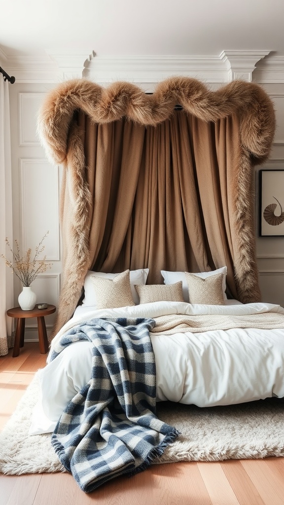 A cozy bedroom featuring a faux fur canopy over the bed, with neutral bedding and decorative pillows.