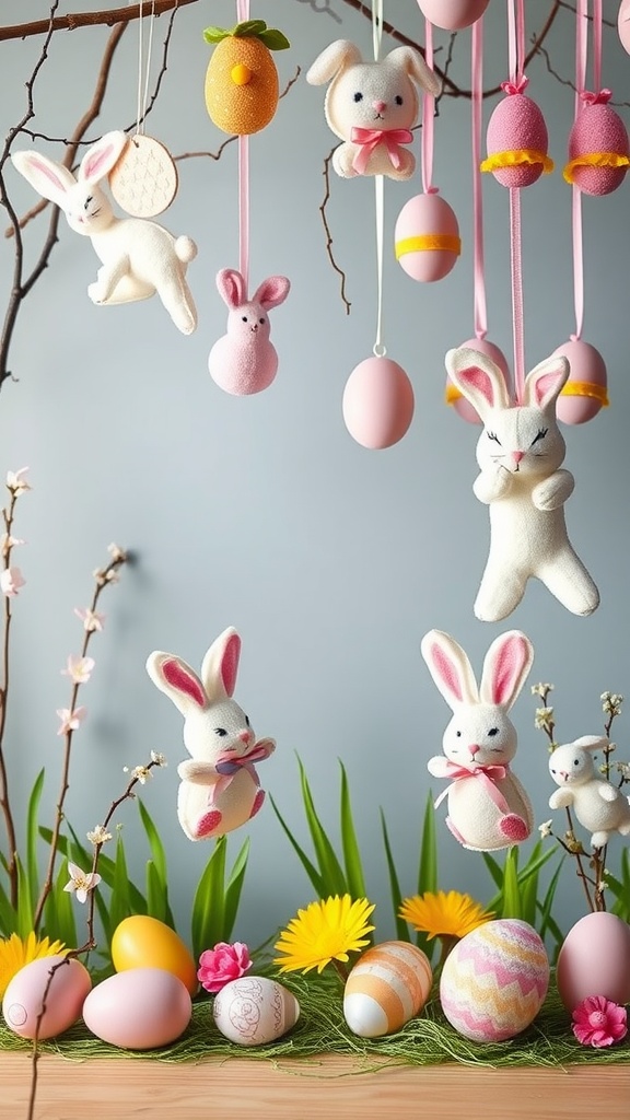 Colorful felt Easter decorations including bunnies and eggs hanging from branches, set among flowers and grass.