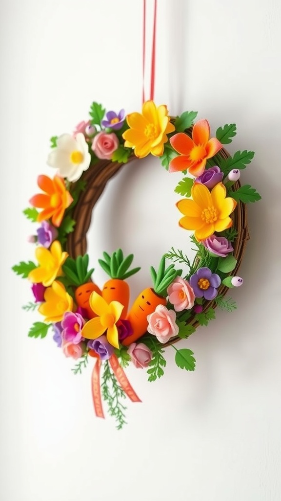 A colorful felt flower and carrot garland wreath featuring vibrant flowers and carrots, hanging on a wall.