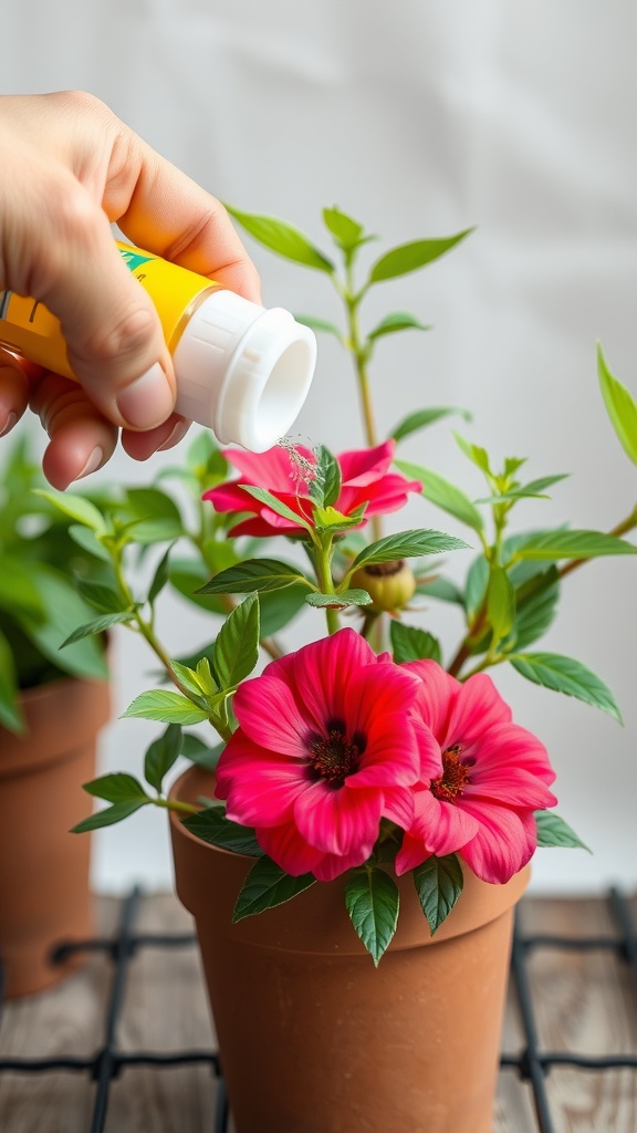 A person applying fertilizer to vibrant pink flowers in a pot